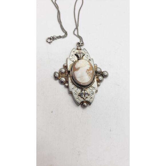 Vintage Cameo Pendant Necklace Silver Tone Ornate Art Deco Intaglio Large - Picture 3 of 14